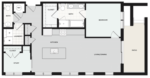 Floor plan for 1 bed, 1.5 baths, 1030 sqft